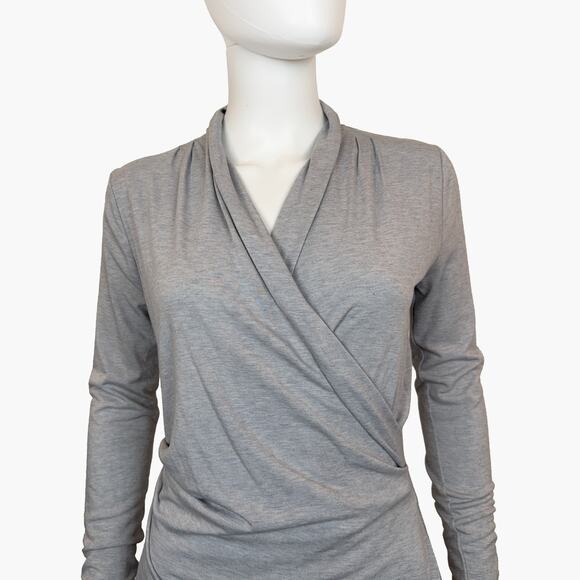 NWT ANN TAYLOR Long-Sleeve Faux Wrap Bodycon Midi Shirt Dress (Gray | Size 2) - Picture 5 of 7